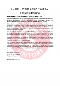 Pressemitteilung: Rot-Weiss Lintorf stellt sich sportlich neu auf