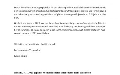 Absage Jahreshauptversammlung und Weihnachstfeier 2020